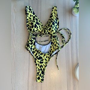 One-piece, high waisted, yellow leopard print swimsuit